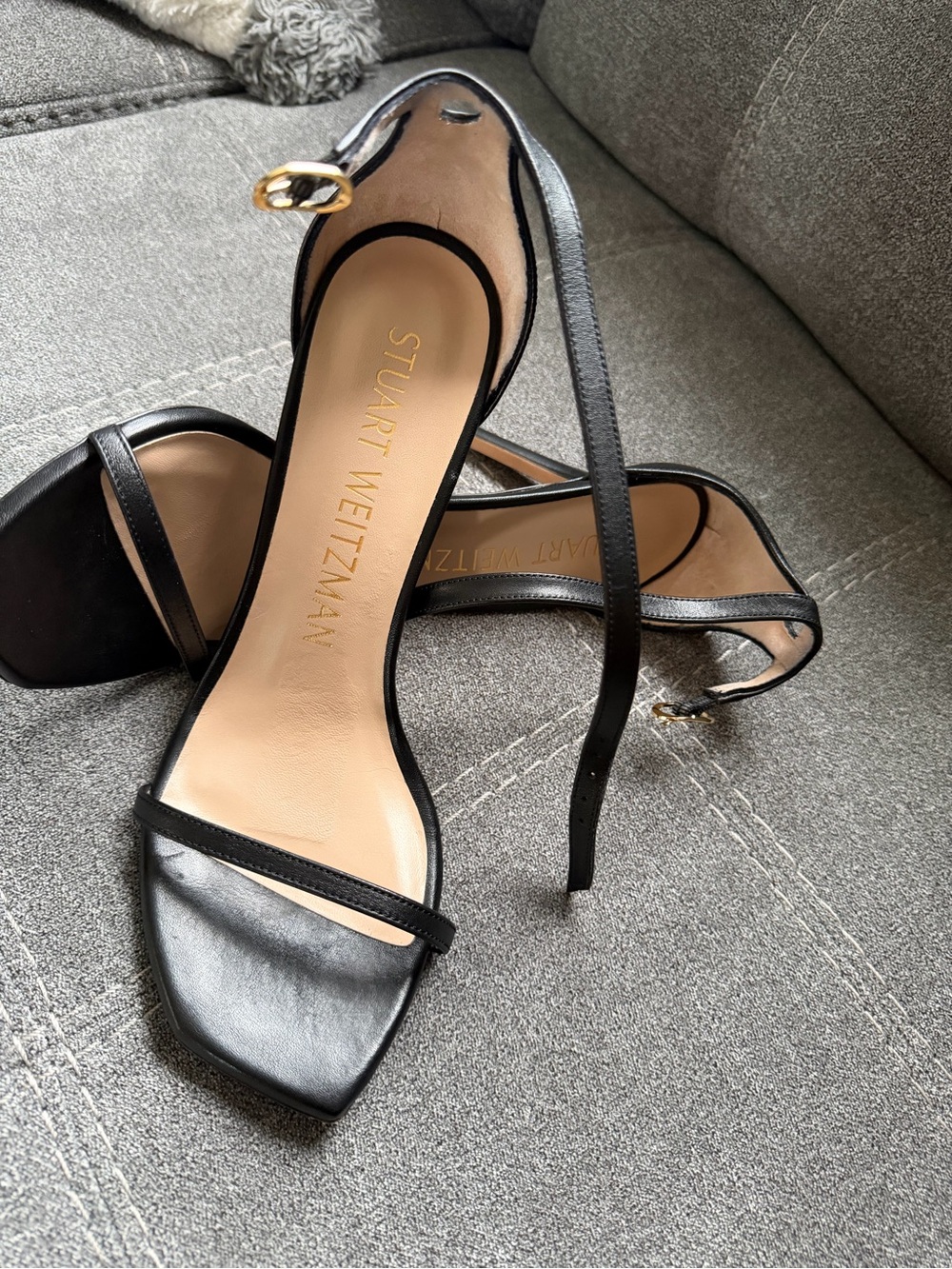 Stuart Weitzman Black Leather Square-Toe Strappy Heels with Ankle Buckle